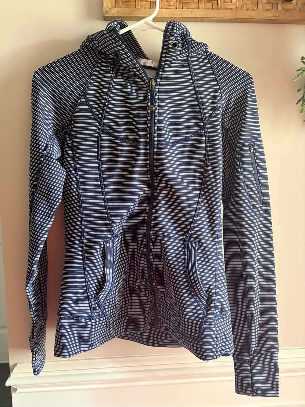 Athleta Navy and White Striped Hooded Jacket